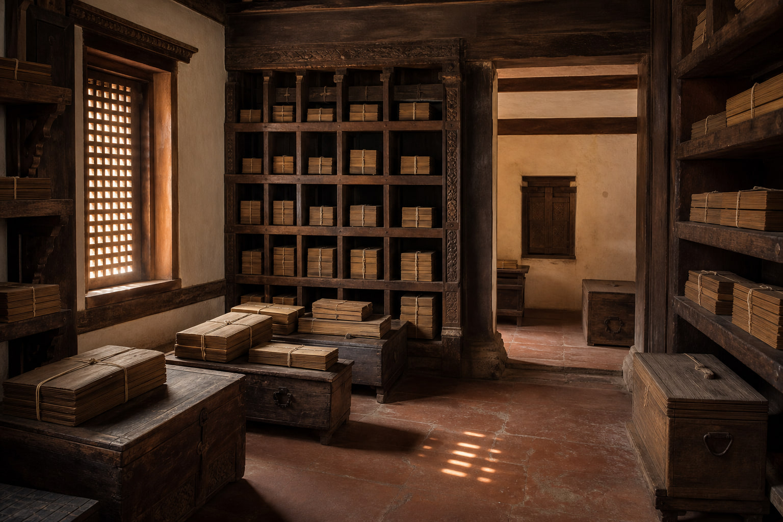 A quiet temple archive with palm-leaf manuscript bundles stored in carved wooden shelves